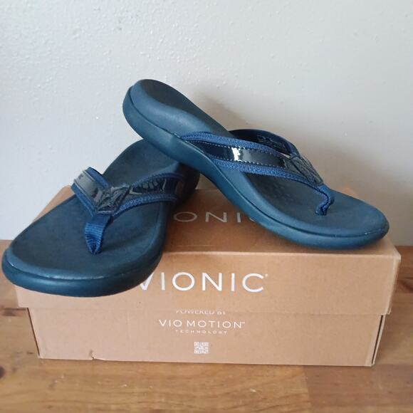 Vionic Shoes - Vionic Tide Toe Post Women's Orthotic Sandals, Patent Leather Navy, Size US 7M